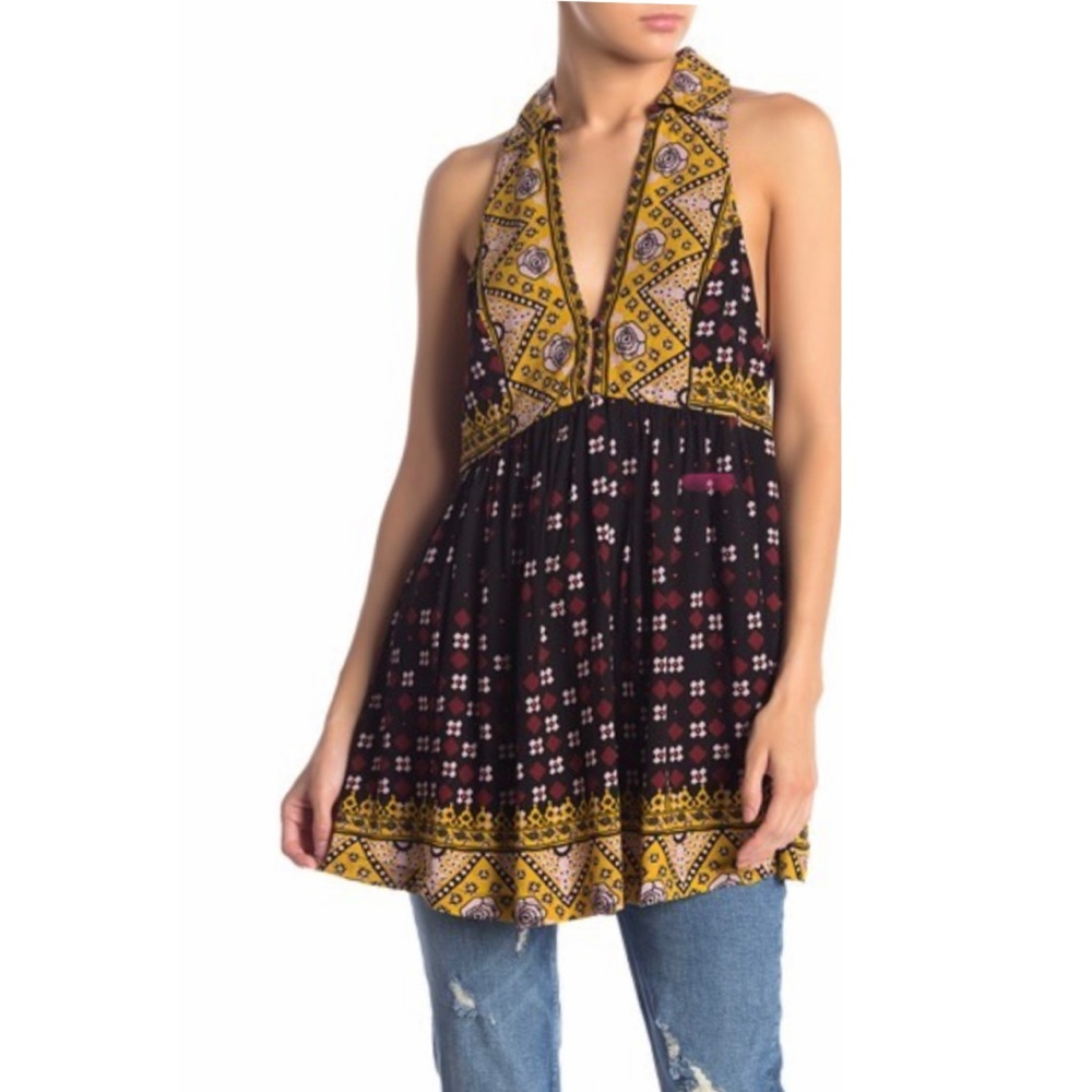 FREE PEOPLE Charolette Printed Racerback Tunic Top Black Combo